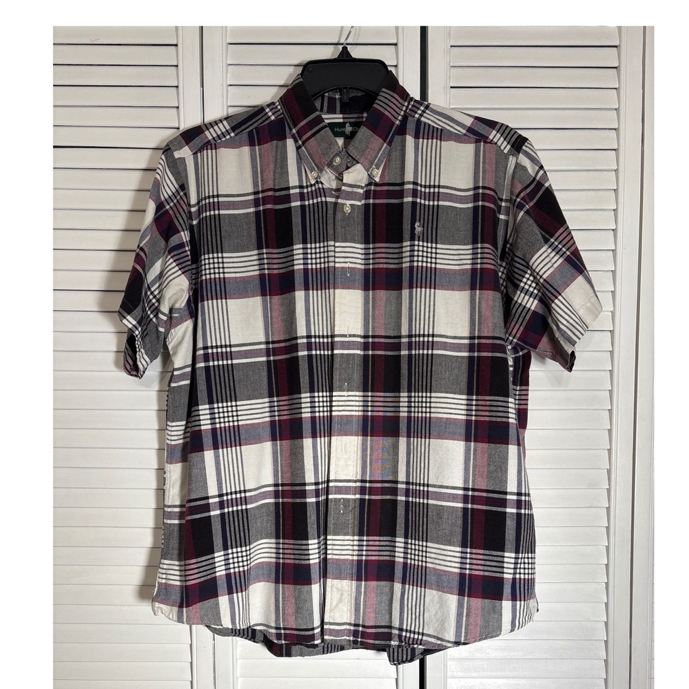 Hunt Club Mens XL Plaid Button Down Shirt Short Sleeve Cotton Burgundy Black